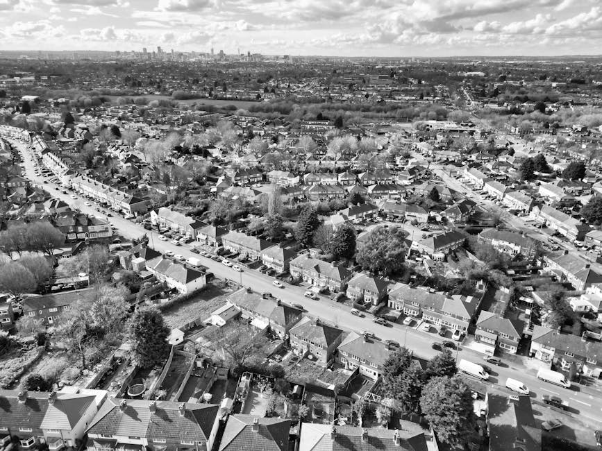 A black-and-white aerial photograph of a suburban residential area showing rows of houses lining a main street with parked cars on both sides. The houses have pitched roofs, small gardens, and some have driveways. Trees are interspersed throughout the neighborhoods, with larger patches of greenery and open spaces in the distance. The view extends towards the horizon, revealing a distant city skyline under slightly cloudy skies. This image captures the typical layout of a home neighbourhood, which could be relevant to house removals or home relocation services offered by Man With a Van Epsom near Horton Hospital, EPSOM, illustrating the setting where furniture transport and packing and moving activities take place.